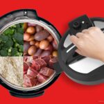 Cooking multiple things in one Instant Pot in front red background