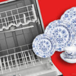 Plates and cup along a Dishwasher in front red background
