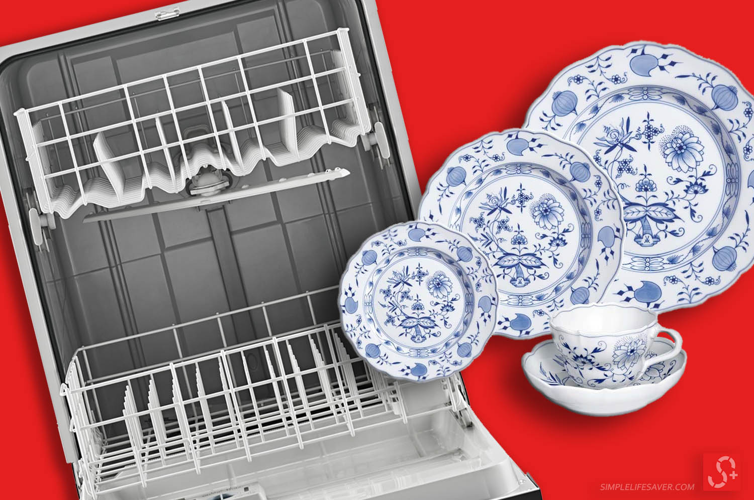 Plates and cup along a Dishwasher in front red background