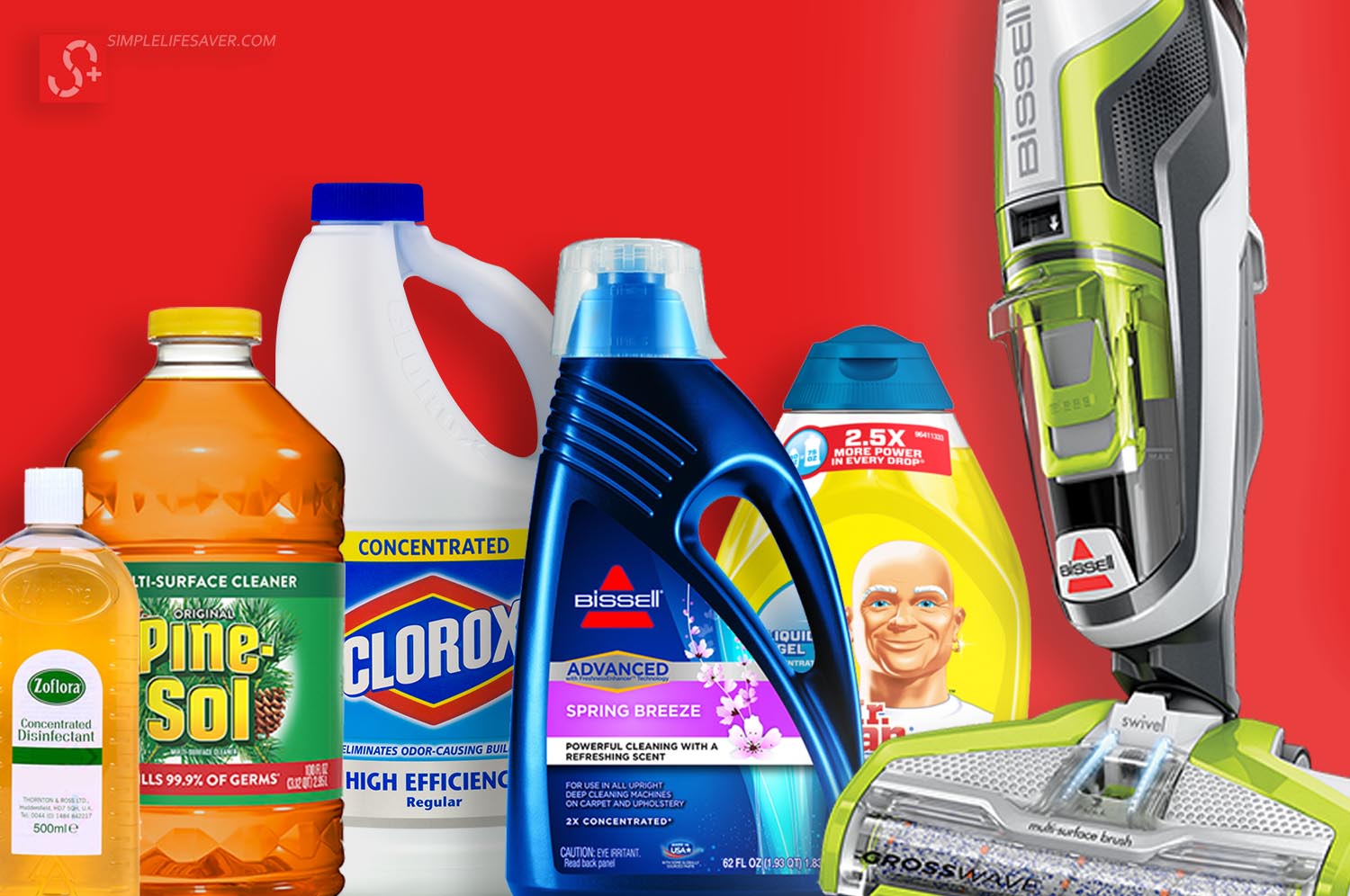 Bleach and other cleaning solutions along with Bissell CrossWave in front red background