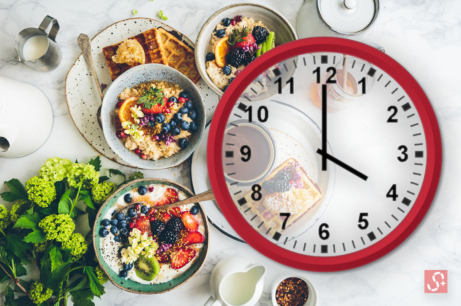 Food on a table along with a clock