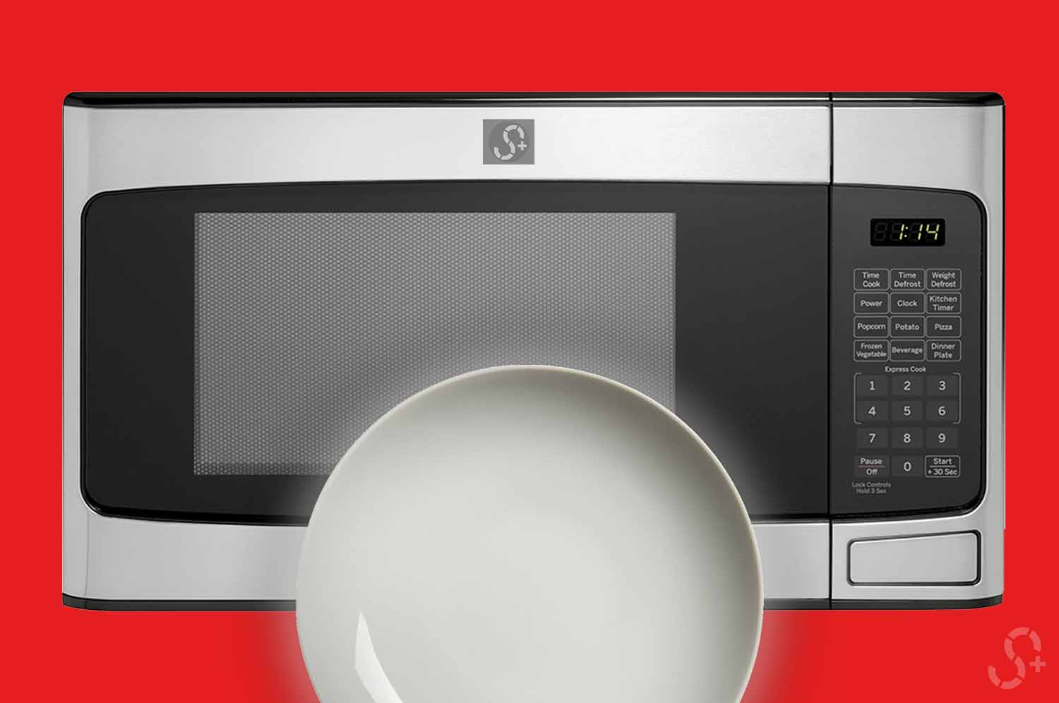 Porcelain along with Microwave in front red background