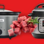 Two cooking pots along with fresh meat in front red background