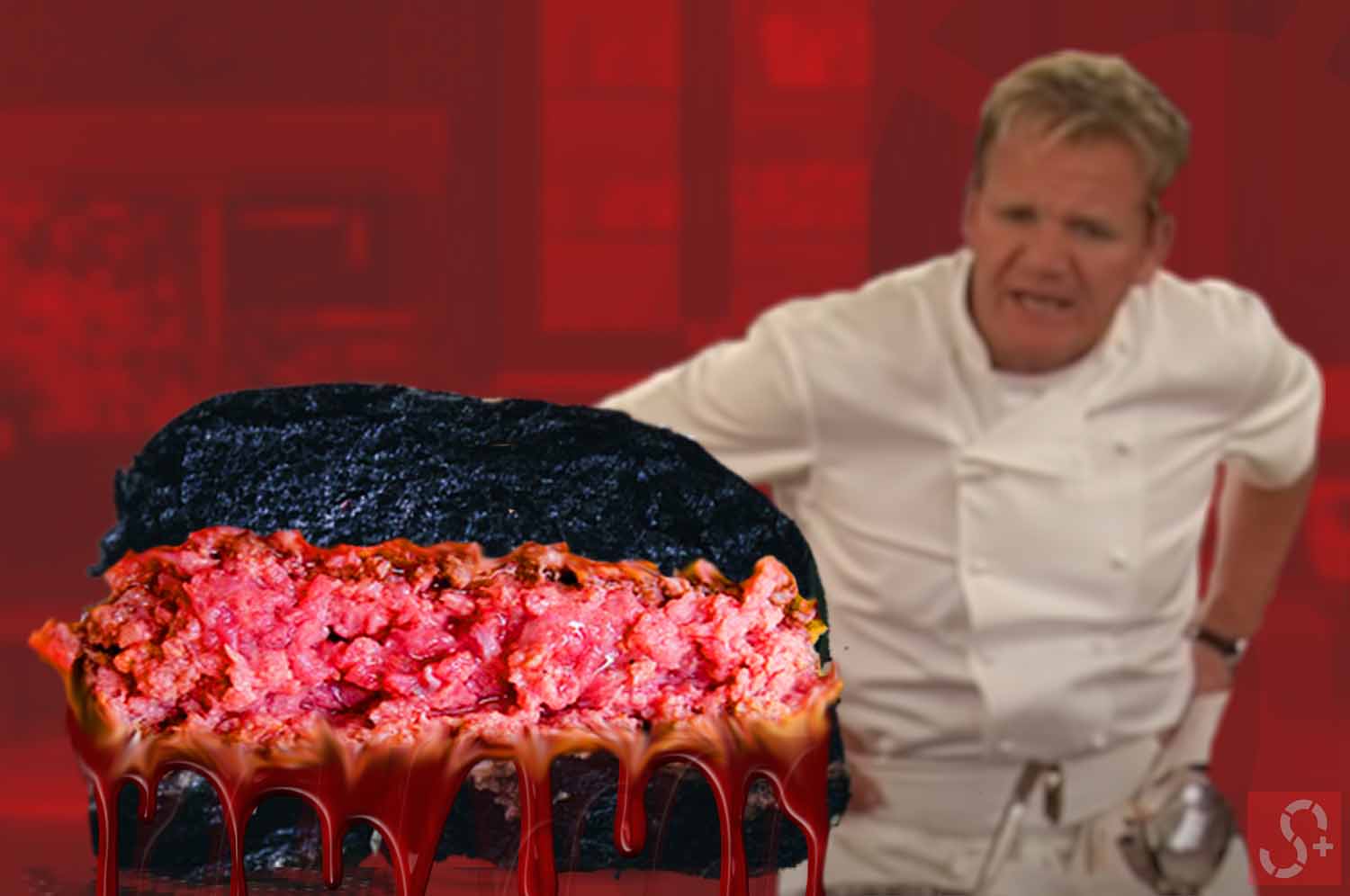 Burgers Patty burnt on outside raw on inside in front of a confused man and red background