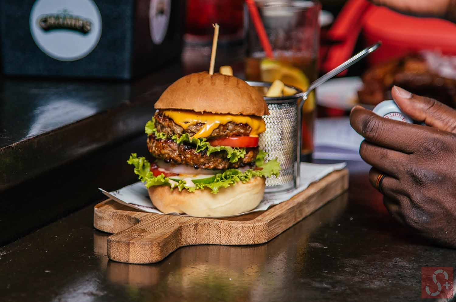 Double Decker Burger on a tray in a Restaurant