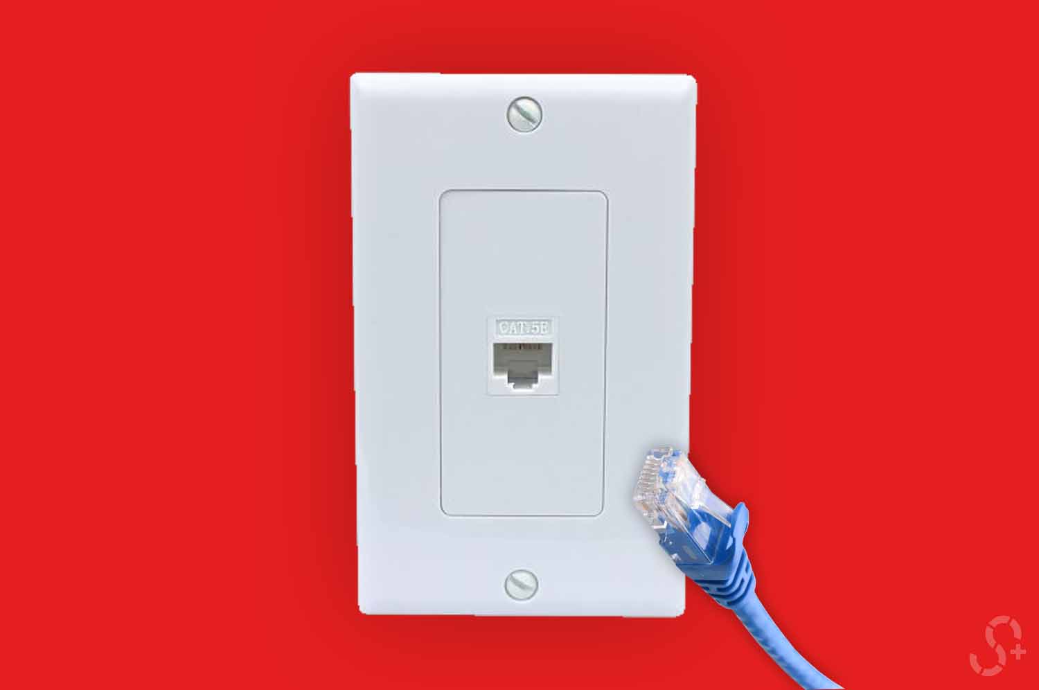 Ethernet port with ethernet cable in front red background