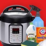 Instant Pot along with 5 different products to remove stains in front of red background