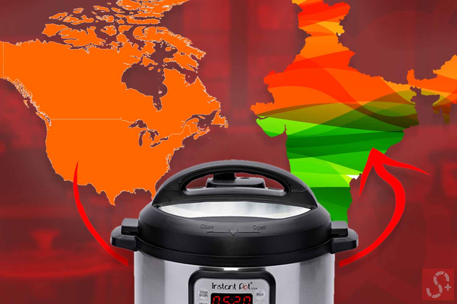 Instant Pot in front of map showing America to India