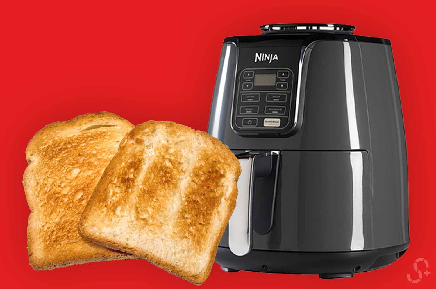 Ninja Air Fryer with toasts in front red background