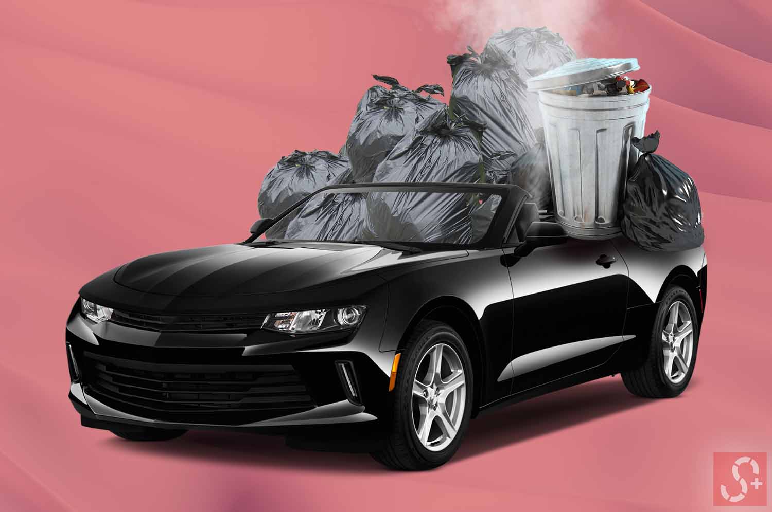 Garbage inside a Car in front of pink background