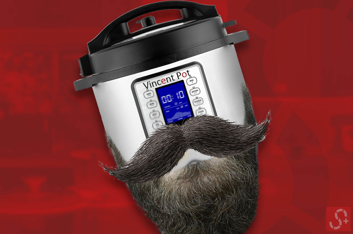 Instant Pots with Handlebar Beard in front of red background