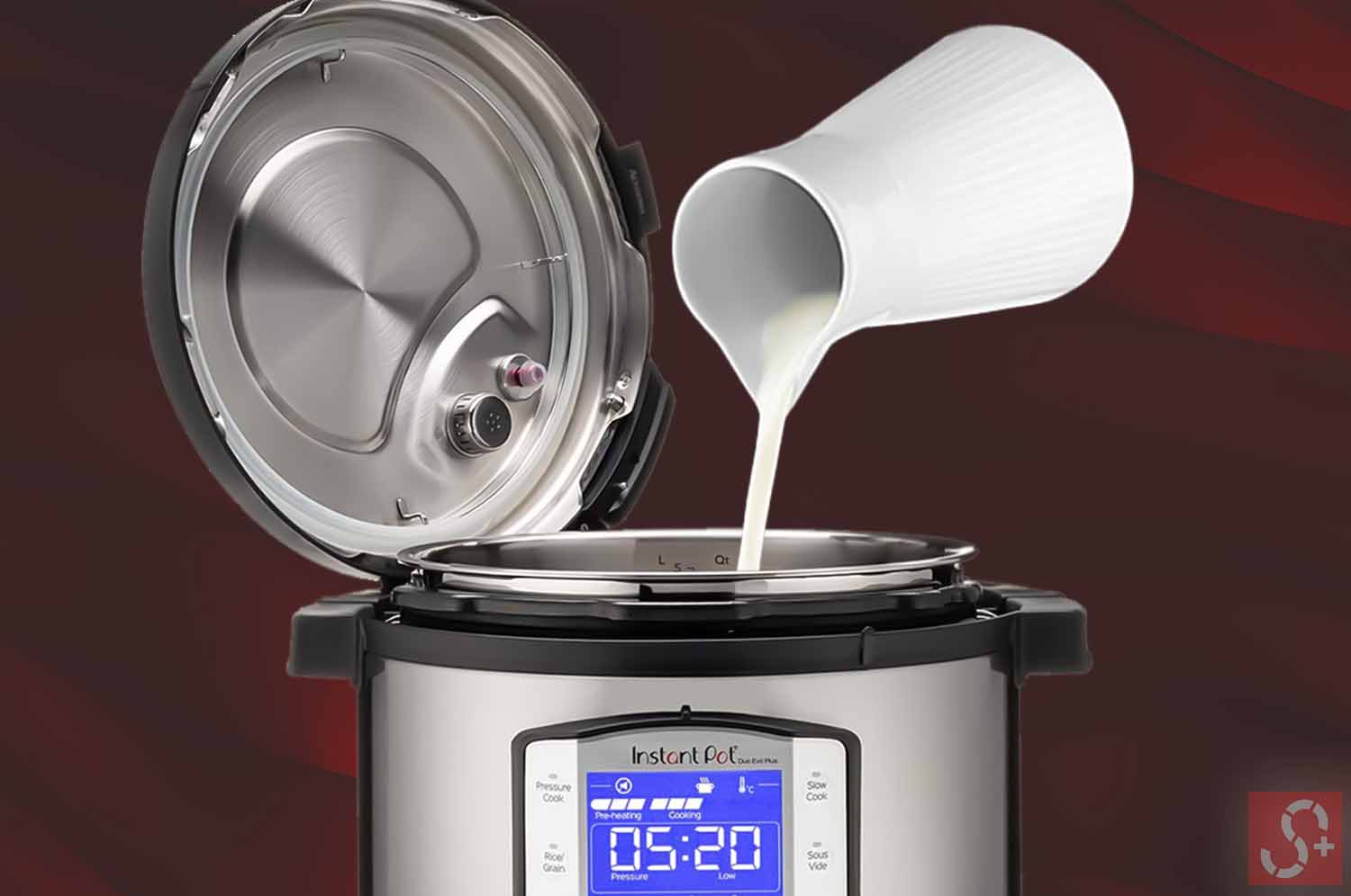 Pouring Dairy Product inside Instant Pot when Pressure Cooking in front of red background