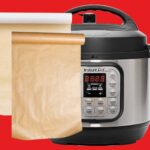 Roll of Wax and Parchment Paper beside Instant Pot in front of red background