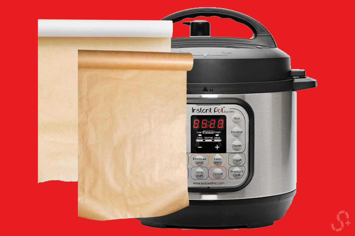Roll of Wax and Parchment Paper beside Instant Pot in front of red background