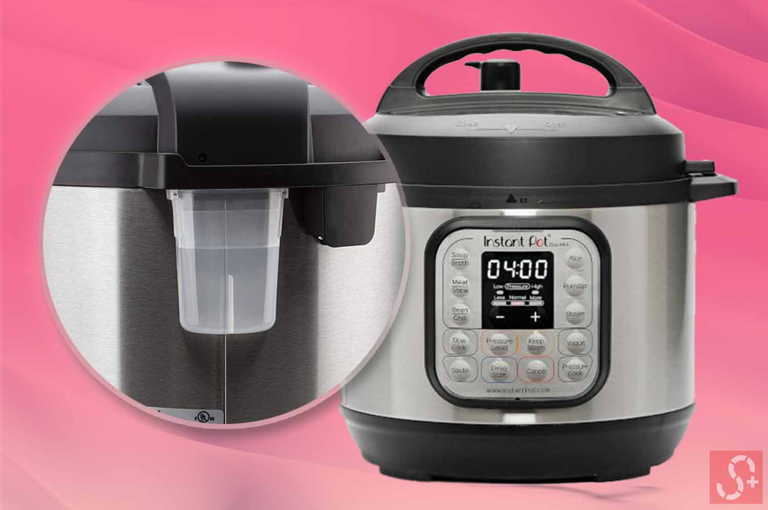 Condensation Collector of an Instant Pot in front of pink background