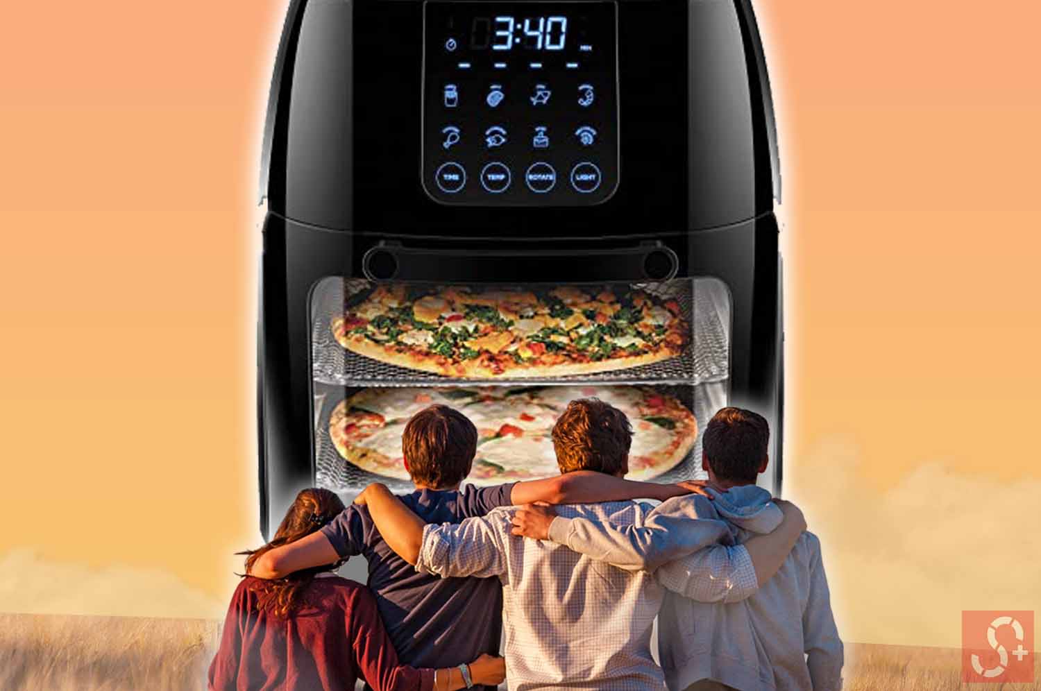 Family of four looking up at oversized Air Fryer with Pizzas